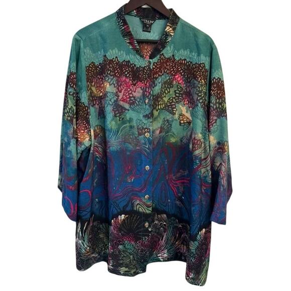 Citron Santa Monica Tunic Blouse Womens 3X Teal Relaxed Silk Boho Resort Artcore - Picture 2 of 6